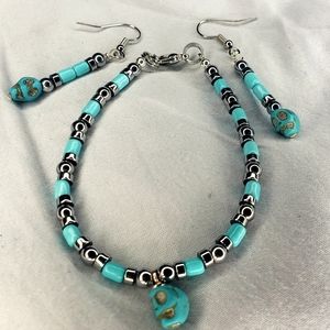 Sugar Skull Day Of The Dead Real Turquoise and Hematite Bracelet and Earrings